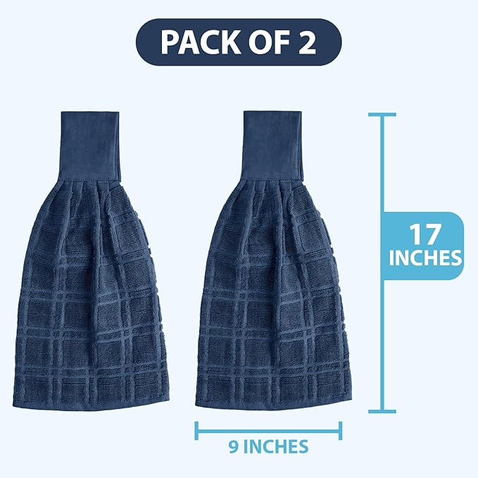 Blue Needles Hanging Kitchen Towels - Blue 100% Cotton Solid Kitchen Tie Towel, Set of 2 Hand Dish Cloth with Hanging Loops 9 x 17 Inches, Absorbent, Super Soft, and Fast Drying Home Essential