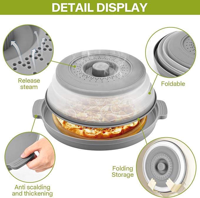 Microwave Splatter Cover for Food with Anti-scald Base Plate,Large Plastic & Silicone Vented Avoid Scalding Collapsible Guard Lid,Kitchen Essential Gadgets for Meal Prep-10.7 Inch (gray)