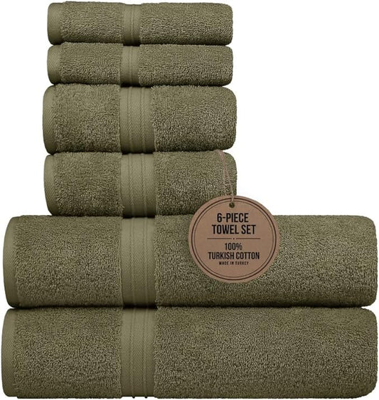 6 Pack Cotton Towel Set - Luxury & 100% Cotton - Hotel and Spa Quality, Absorbent, Includes 2 Bath Towel (28" x 56"), 2 Hand Towels (16"x28") and 2 Wash Cloths (12"x12") - Army Green