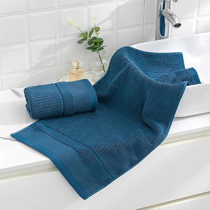 sense gnosis Blue Navy Hand Towel Set of 2 Ribbed Striped 100% Cotton Super Soft Thick Absorbent Decorative Hand Towel for Bathroom 13 x 29 Inch