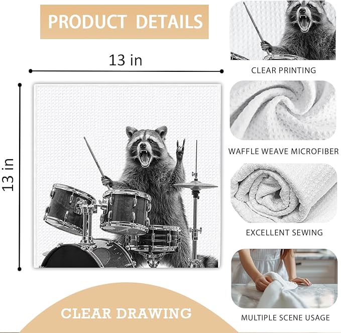 13x13 Cute Raccoon Kitchen Towels 1 PCS, Funny Racoon Gifts for Women, Raccoon Decor Hand Towels for Bathroom, Cute Animal, Women, Pet Owners Housewarming-05