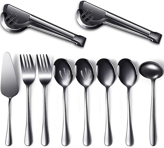 Patelai Serving Utensils Set Include Stainless Steel Large Spoons Slotted Spoons Forks Tongs Soup Ladle and Pie Server for Parties Buffet Catering, Dishwasher Safe(Black,10 Pieces)