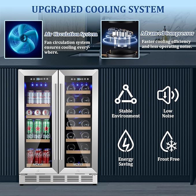24 Inch Wine and Beverage Refrigerator, Dual Zone Beverage Cooler with Glass Door, Built-In or Freestanding Wine Fridge with Fast Cooling, 20 Bottles and 88 Cans Large Capacity