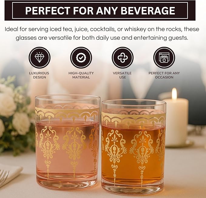 Khen Pink Moroccan Tumbler Glassware | Set of 2 | Gold Ornate Vintage Decorative Drinking Cups, Retro Bohemian Pattern Barware for Water, Whiskey, Cocktail, Iced Tea, Durable Embossed Home Drinkware