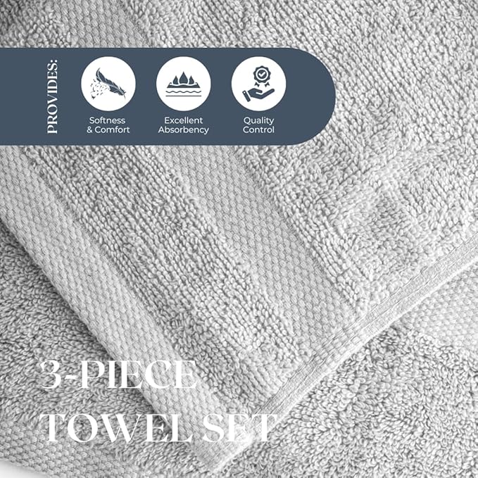 Egyptian Cotton Towel Set - 3 Piece | Ultra Soft 100% 600 GSM Towels | 1 Bath, 1 Hand, 1 Washcloth | Quick Dry, Durable for Bathroom, Home, Spa, Gym | Premium Towel Set (Light Gray)