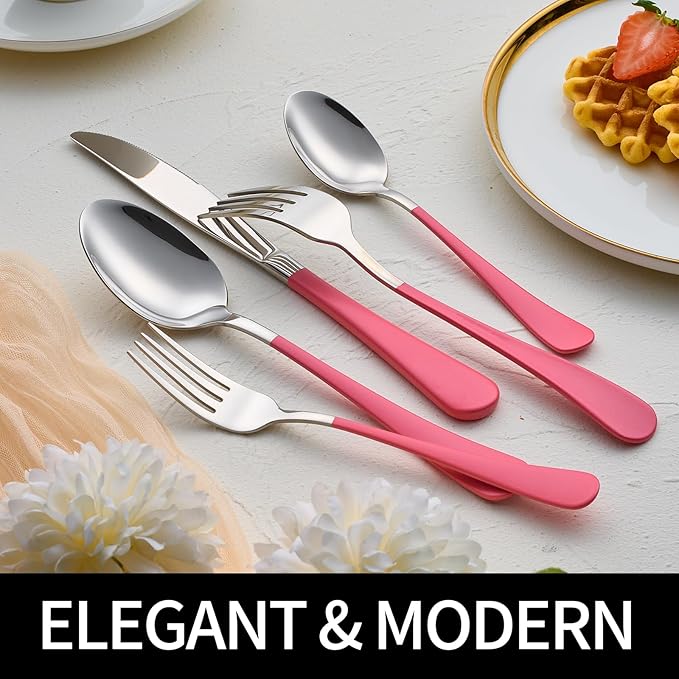 20-Pieces Pink Silverware Sets for 4,Pink Handle Stainless Steel Cutlery Set, Include Forks Spoons and Knives Set, Dishwasher Safe Utensil Sets for Home Restaurant