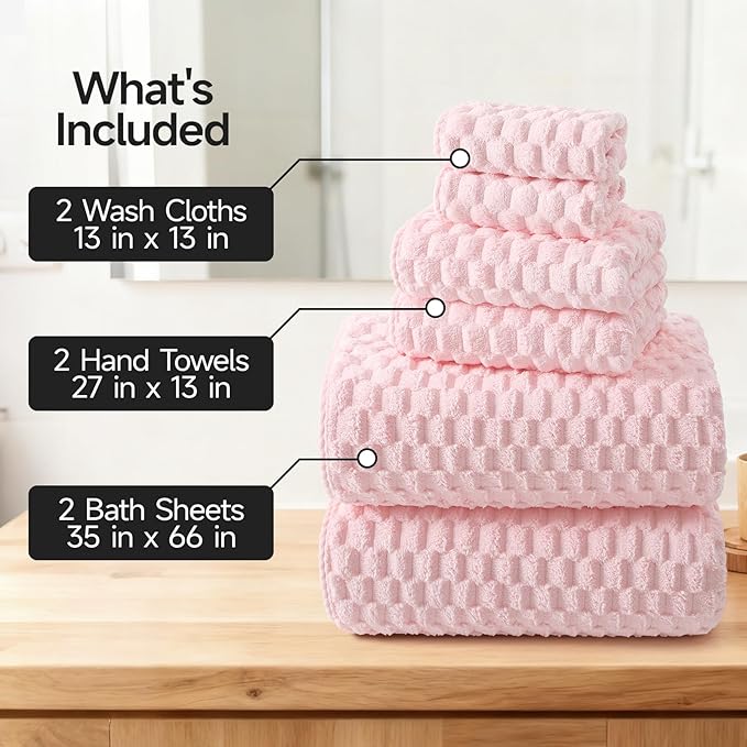 REDKISS Pink Microfiber Bath Towels Set of 6-35x70 Inches Oversized Bath Sheets, Extra Large Bath Towels Set of 6 for Adults, Super Soft Quick Dry Lint Free Absorbent Waffle Microfiber Shower Towels