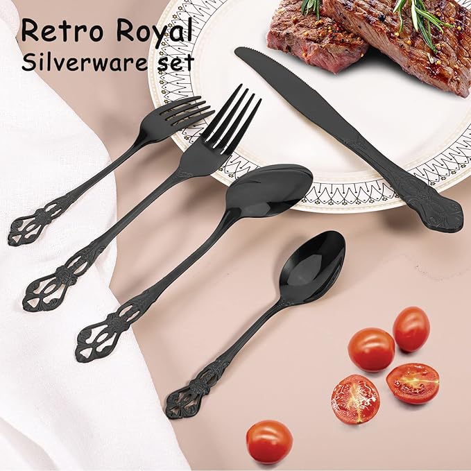 20 Piece Gorgeous Retro Royal Black Silverware Set for 4, Premium Stainless Steel Flatware Set with gift box, Mirror Polished Cutlery Set Including Spoons and Forks, Vintage Utensils, Dishwasher Safe