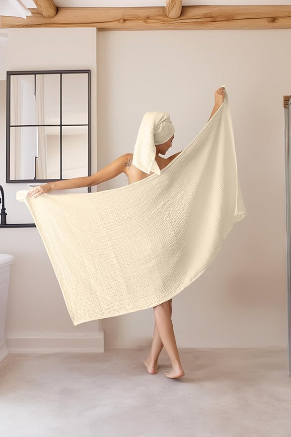 4 Pieces Muslin Towel Set for Bathroom, Luxury 100% Turkish Cotton Thin Soft Quick-Dry Lint-Free Large Size Bath Hand Towel Sets (Natural, 2 Bath & 2 Hand Towel Set)