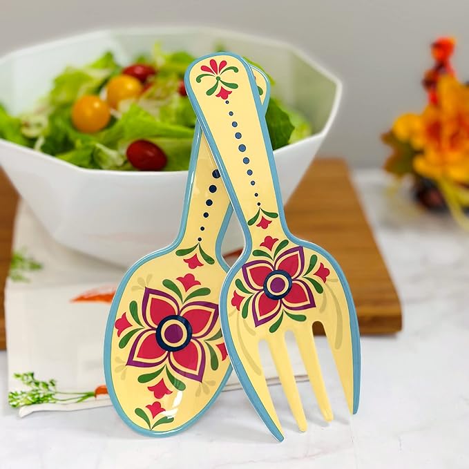 UPware Fiesta Floral Melamine Salad Servers, Serving Utensil Set, Includes Serving Fork and Spoon for Tossing Salad, Pasta, Multicolor, 10.75 Inch, Set of 2