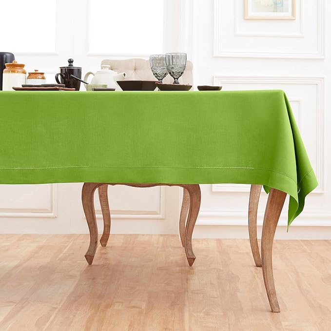 Solino Home Linen Tablecloth for Rectangle Tables 60 x 108 Inch - Classic Hemstitch 100% Pure Linen Lime Green Table Cloth - Machine Washable Cloth Tablecloth