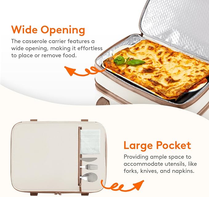 Lifewit Double Decker Insulated Casserole Carrier for Hot or Cold Food, Casserole Dish with Lid and Carrying Case, Lasagna Holder for Potluck Parties/Picnic/Cookouts, Fits 9"x13" Baking Dish, Beige