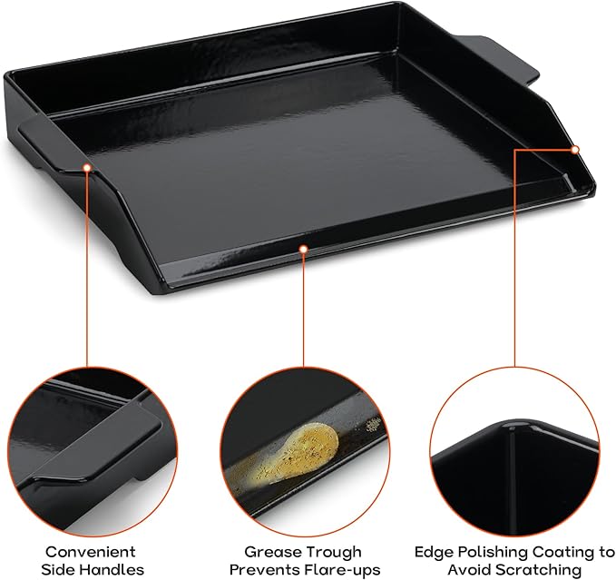 Onlyfire Universal Enamelled Cast Iron Cooking Griddle, Nonstick Coating Griddle Flat Top Grill Plate with Extra High Sidewalls for All Gas Grills and Range Oven, 18.5" x 14"