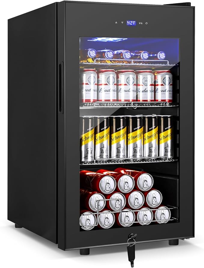 17Inch Beverage Refrigerator and Cooler Freestanding, 96 Cans Mini Fridge with glass door and Lock, Small Drink Fridge for Soda, Beer, Wine, For Home Bar Office with LED Light