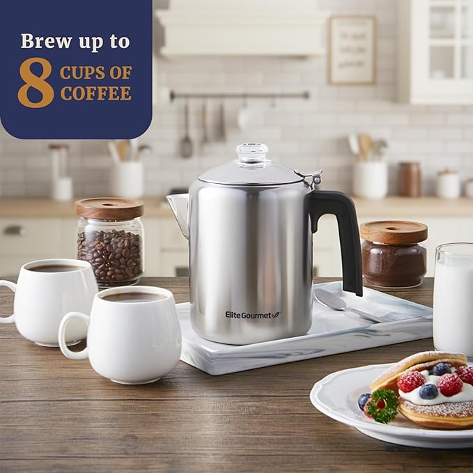 Elite Gourmet EC008 Classic Stovetop Coffee Percolator, Glass Clear Brew Progress Knob, Cool-Touch Handle, Cordless Serve, 8-Cup, Stainless Steel