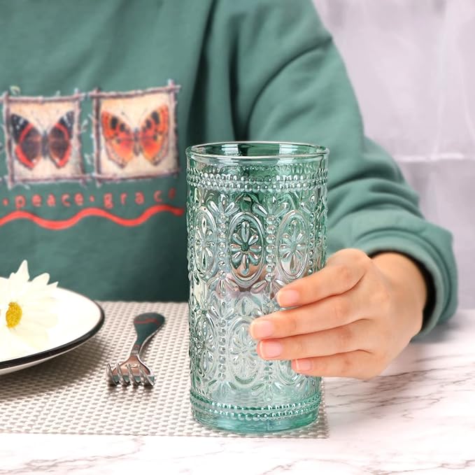 Green Drinking Glasses Set of 4, Vintage Drinking Glasses, Colored Glassware Drinking, Highball Beverage Glasses Cup, Vintage Glassware Set for Water, Juice, Cocktail, Coffee