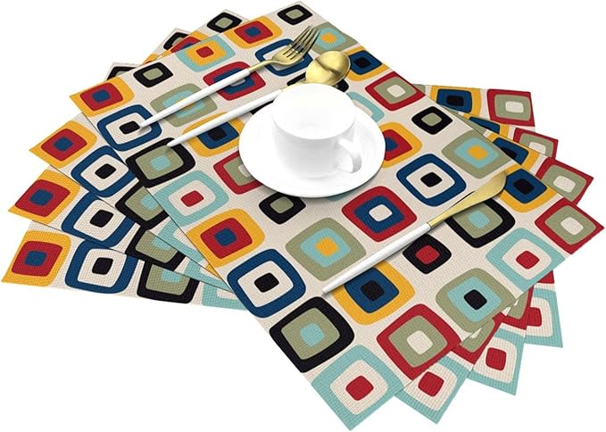 Mid Century Modern Retro Placemats Set of 4 Linen 12"x18" Vintage Decorative Kitchen Table Mats for Dining Outdoor Holiday Party Farmhouse Home Decor Washable Place Mats
