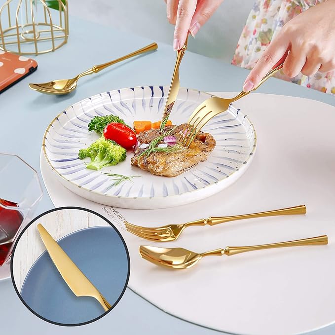 Lemeya 20-Piece Gold Silverware Set for 4,Modern 18/10 Stainless Steel Flatware Set,Unique Rustic Cutlery Utensils Set,Spoon and Fork Set for Home, Restaurant,Wedding,Mirror Polished,Dishwasher Safe