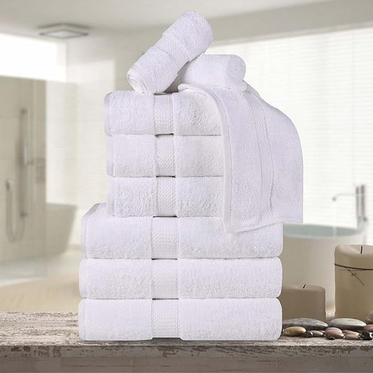 Superior Egyptian Cotton Pile 9 Piece Towel Set, Includes 3 Bath, 3 Hand, 3 Face Towels/Washcloths, Ultra Soft Luxury Towels, Thick Plush Essentials, Guest Bath, Spa, Hotel Bathroom, White