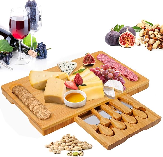 Bamboo Cheese Board and Knife Set with Slid-Out Drawer - Wood Charcuterie Platter Serving Tray for for Wine, Meat & Crackers, Perfect for Wedding Anniversary Housewarming & Entertaining