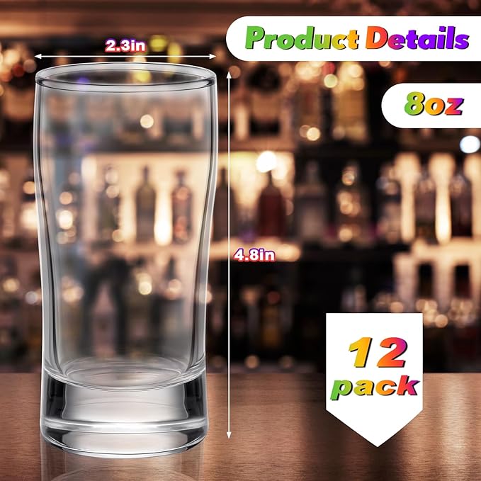Bokon 12 Pcs Beer Glasses, Small Juice Glasses Cups Iced Tea Glasses Heavy Base Glassware Clear Glass Bulk Tumblers for Drinking Water Beer Milk Orange Juice Kids Breakfast (8 oz)