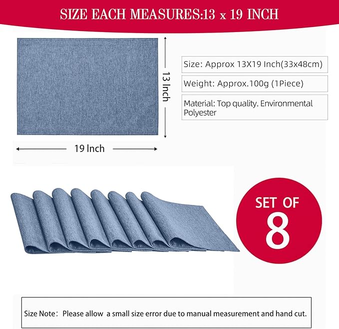 Cloth Place Mats Set of 8–Reusable Rectangular Waterproof Fabric Polyester Washable Wipeable Heat Resistant Linen for Kitchen Dining Dinner Restaurant Wedding Table(Denim blue/13x19 Inch)
