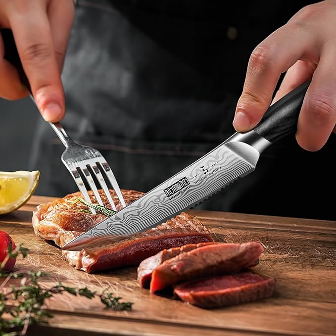 HOSHANHO Steak Knives Set of 6, 4.5 Inch Japanese Serrated Steak Knife Set, Ultra Sharp High Carbon Powder Steel Steak Knife with Pakkawood Handle