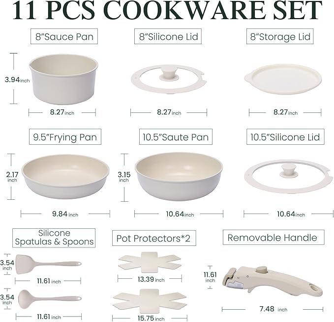 11 PCS Kitchen Cookware Sets with Detachable Handle, Pots and Pans Set Non Stick, Induction Pan Set for RV Cookware,Oven Safe, PFOA Free