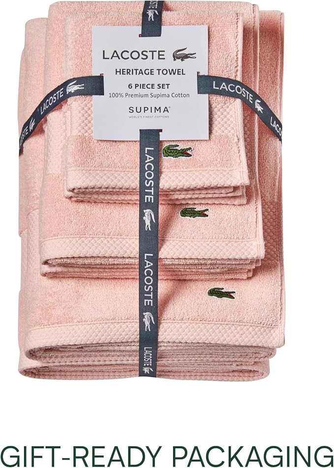Lacoste Heritage Supima Cotton 6-Piece Towel Set, 2 Bath Towels, 2 Hand Towels, 2 Washcloths, Light Pink – Highly Absorbent & Quick Drying, Bathroom Essential, Machine Washable