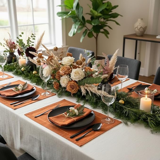 D'Moksha Homes Rust Linen Placemats Set of 4 - Classic Hemstitch Placemats 14 x 19 Inch - 100% Pure Linen Table Mats for Winter, Holiday, New Year - Handcrafted and Machine Washable