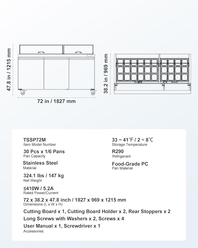 VEVOR 72"W Commercial Refrigerator, 18.7 Cu. Ft Sandwich Prep Refrigerated Table, Mega Top Food Prep Fridge with 30 Pans and Cutting Board, Stainless Steel Salad Prep Cooler for Restaurant, Food Truck