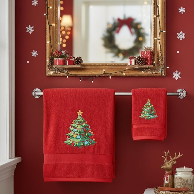 Peryiter 6 Pack Cotton Christmas Bath Towels Set Red Christmas Tree Towels Bathroom Set, Soft and Absorbent, Contains 2 Bath Cloth, 2 Hand Cloth and 2 Washcloths