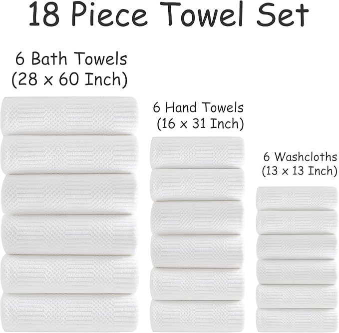 18 Pcs White Woven Family Towels Set-6 Bath Sheets,6 Hand Towels,6 Washcloths Soft Polyester Towels Absorbent Shower Towel Quick Dry Beach Chair Towel Lint Less Towels Set for Bathroom Spa Gym Hotel