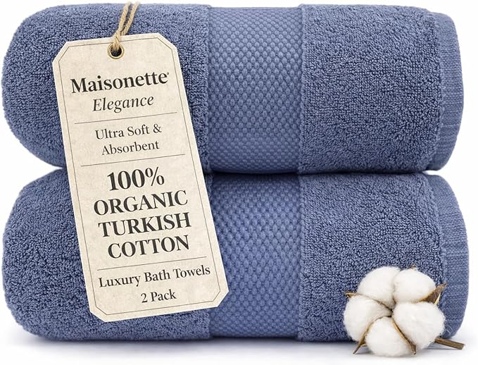 Maisonette Elegance 100% Organic Cotton Turkish Bath Towels, Soft & Absorbent, Ideal Quick Dry Large Bathroom Towel Set for Shower (30" x 58", 2 Pack) - Dark Blue (Mineral)
