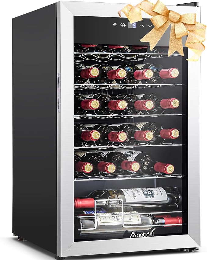 AAOBOSI 17 Inch Wine Cooler, 24 Bottles Wine Fridge, Wine Refrigerator Small with LED Display Light, Freestanding Wine Cellar with Low Noise Compressor, Adjustable Shelves