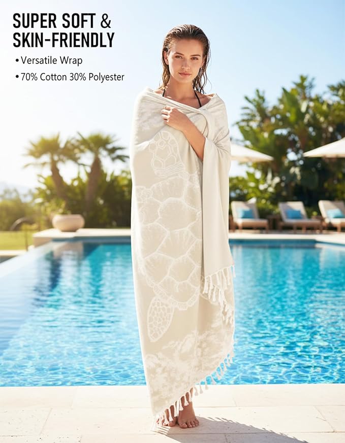 Oversized Turkish Beach Towel Blanket Cotton Giant XL Sandproof Towels Huge Linen XXL Extra Large Big Throw Quilt Blankets for Adults Beige Turtle