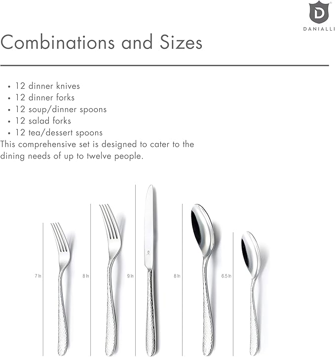 Hammered Silverware Set | Premium 18/10 Stainless Steel Flatware Service for 12 | Heavy-Duty & Dishwasher Safe | Built to Last (60-Piece, Fidenza Hammered)
