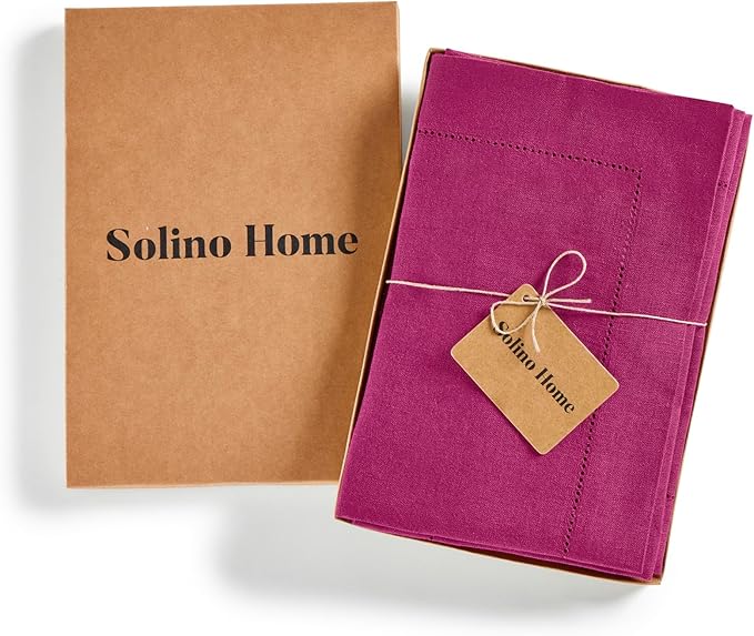 Solino Home Linen Napkins Set of 4 - Medium Weight 100% Pure Linen Hemstitch Festive Fuchsia Dinner Napkins Cloth 20 x 20 Inch for Valentines - Handcrafted and Machine Washable