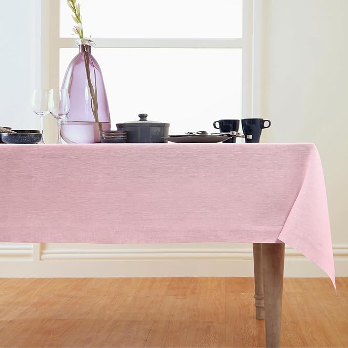 Solino Home Linen Tablecloth 60 x 90 Inch - 100% Pure Linen Bubblegum Pink Table Cloth for Rectangle Tables - Athena, Machine Washable Tablecloth for Christmas