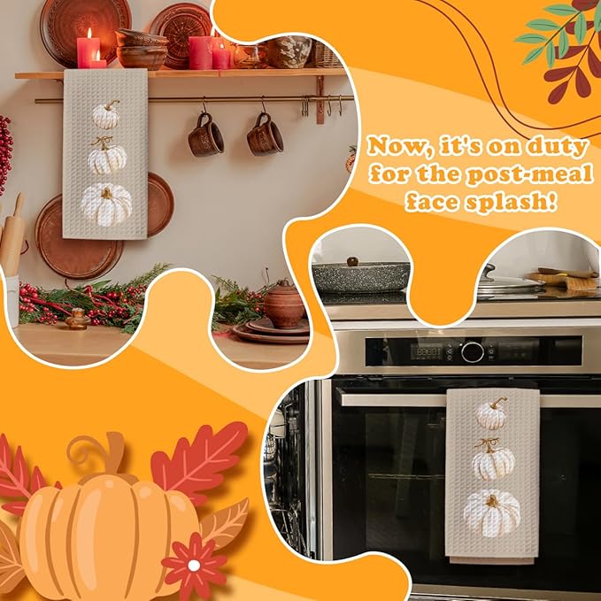 Pumpkin Fall Kitchen Towels, Farmhouse Autumn Dish Hand Towels Microfiber Waffle Weave 16x23.5 Inch, Rustic Thanksgiving Halloween Fall Decor for Kitchen Bathroom-C07