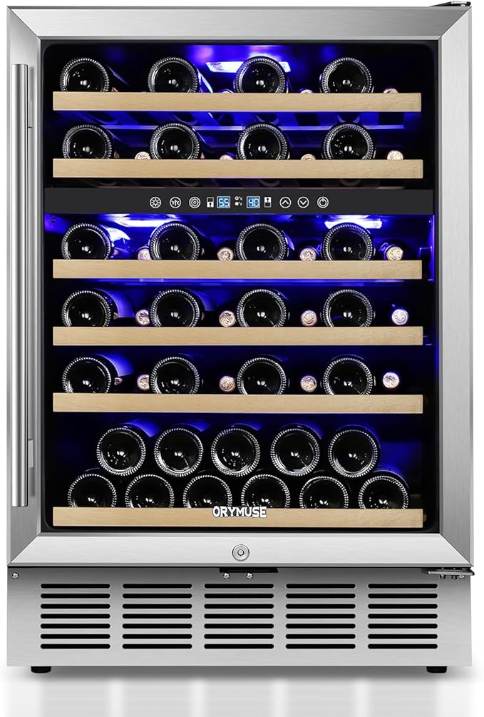 24 Inch Wine Cooler Refrigerator, 46 Bottle Dual Zone Wine Fridge with Stainless Steel Glass Door, Adjustable Shelves, Upgraded Compressor, Built-In Freestanding for Home, Bar, Kitchen