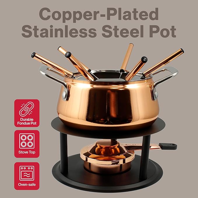 Swissmar Peak 10-Piece Copper-Plated Stainless Steel Fondue Set - Ideal for Oil & Broth Fondue - Perfect for Kitchen Collection & Wedding Gift Giving - 1.25 Liter / 1.32 Quarts