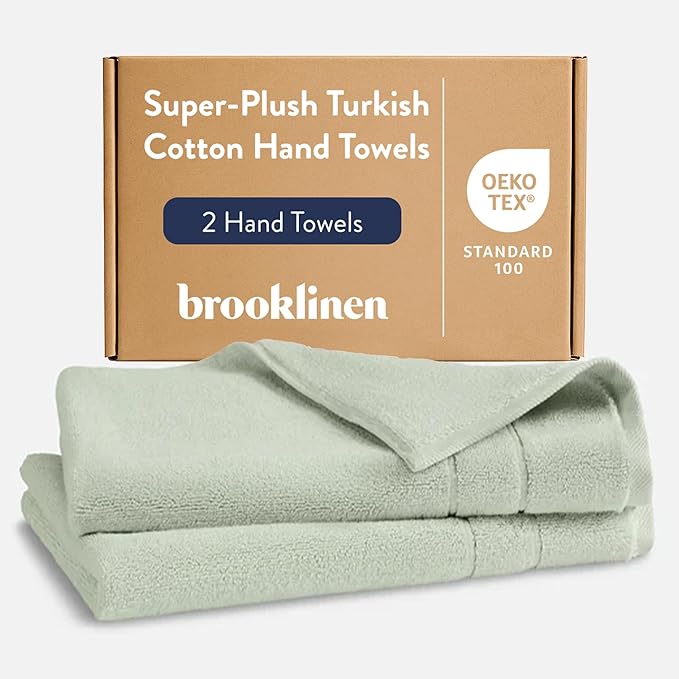 Brooklinen Super-Plush Turkish Cotton Hand Towels - Set of 2 - Cotton, 820 GSM, Highly Absorbent, Machine Washable, Perfect for Home & Bathroom (20" x 30", Aloe Green)