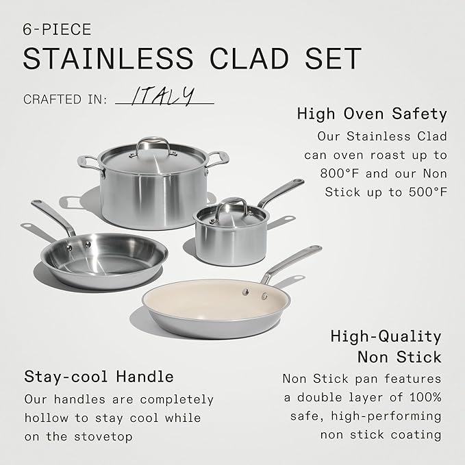 Made In Cookware - 6 Pc Stainless Steel Cookware Set - 5 ply Clad - Includes Frying Pans, Saucepan, and Stock Pot - Professional Grade - Crafted in Italy - Induction Compatible