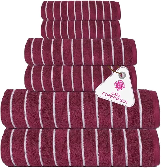 CASA COPENHAGEN Ecstatic 6 Pieces Towel Set- Burgundy, 600 GSM 2 Bath Towel 2 Hand Towel 2 Washcloth, Designed in Denmark Made of Soft Egyptian Cotton for Bathroom, Kitchen & Shower