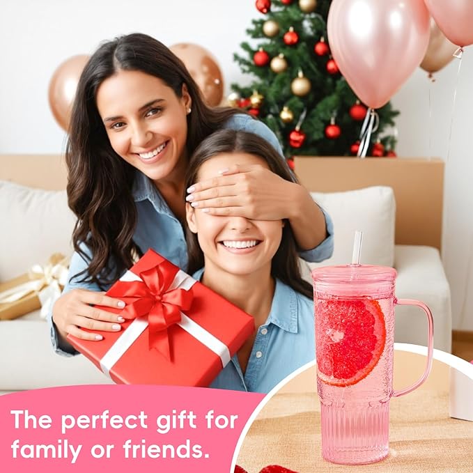 GOSCHE Glass Cups with Lids and Straws, 24oz Glass Tumbler with Straw and Lid, Iced Coffee Cups with Handle for Smoothie Juice Water Tea, Pink, 2 Pack