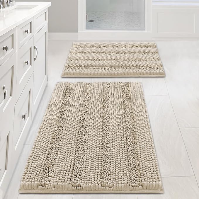 H.VERSAILTEX Bathroom Rug Sets 2 Piece Bath Mats Non Slip Thick Soft Chenille Striped Bath Rug achine Washable Shower Floor Rugs for Tub, Shower and Floor (Fog, 20" x 32"/17" x 24")