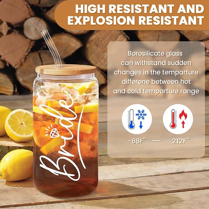 SANDJEST Bride Glass Coffee Cup 16 Oz with Bamboo Lid and Straw - Bridal Shower Gift - Engagement Gifts for Women - Bride Gifts