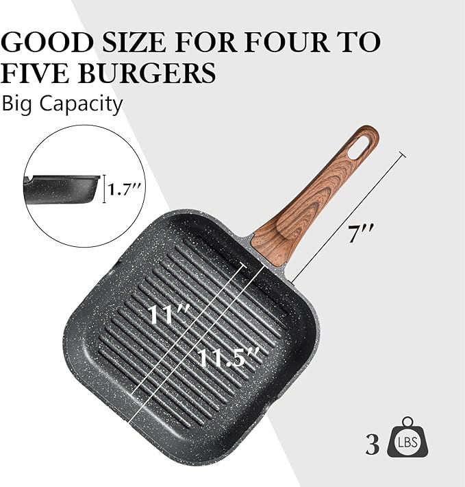 SENSARTE Nonstick Grill Pan for Stove Tops, Versatile Griddle Pan with Pour Spouts, Square Grill Pan for Big Cooking Surface, Durable Grill Skillet for Indoor & Outdoor Grilling. PFOA Free, 11 Inch