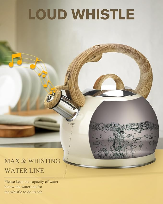 Teapot for Stovetop, 2.1 Quart Stove Top Whistling Tea Kettle, Teapot Kettles with Food Grade Stainless Steel and Wood Pattern Folding Handle, Suitable for All Heat Sources